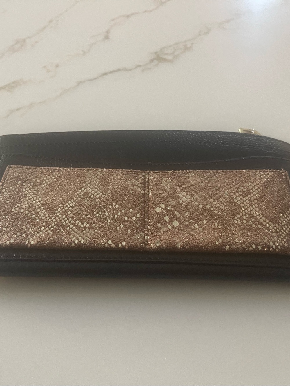 Treesje Black Wallet with Brown Snake-Print Panel and Gold Zipper